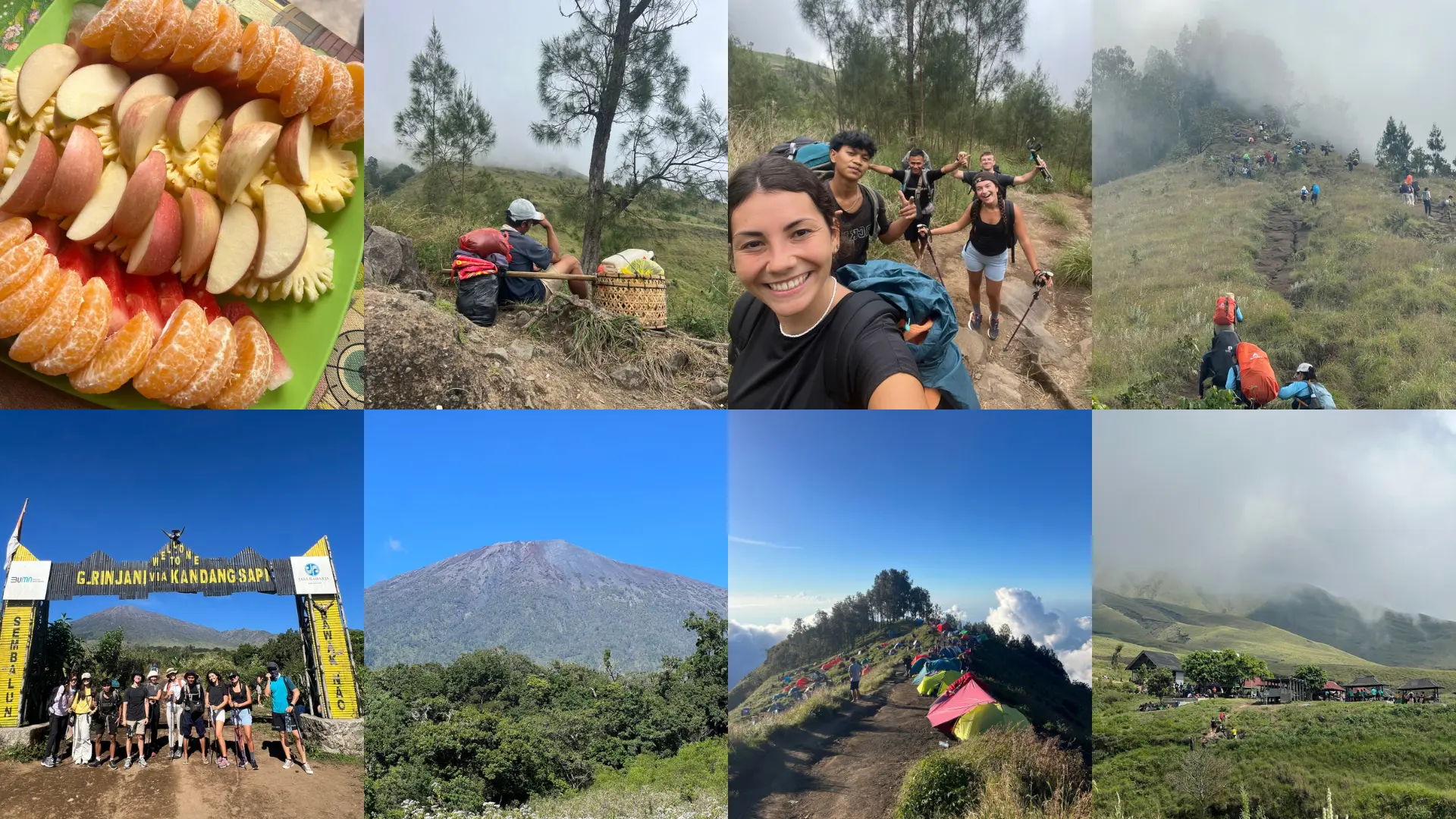 Départ du trek Rinjani - groupe au portail Sembalun, porteurs, montée dans la lande