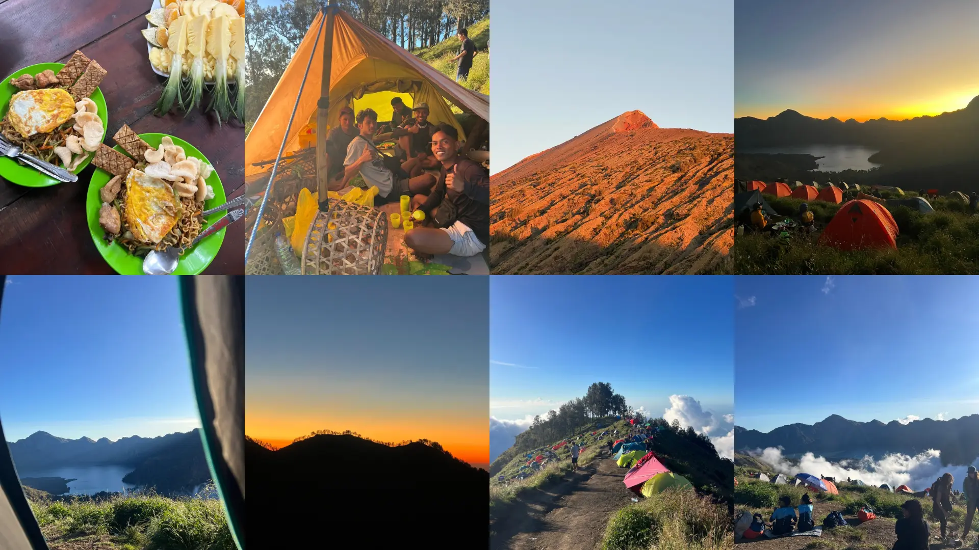 Camp de base Rinjani - tentes au coucher du soleil, repas avec les porteurs
