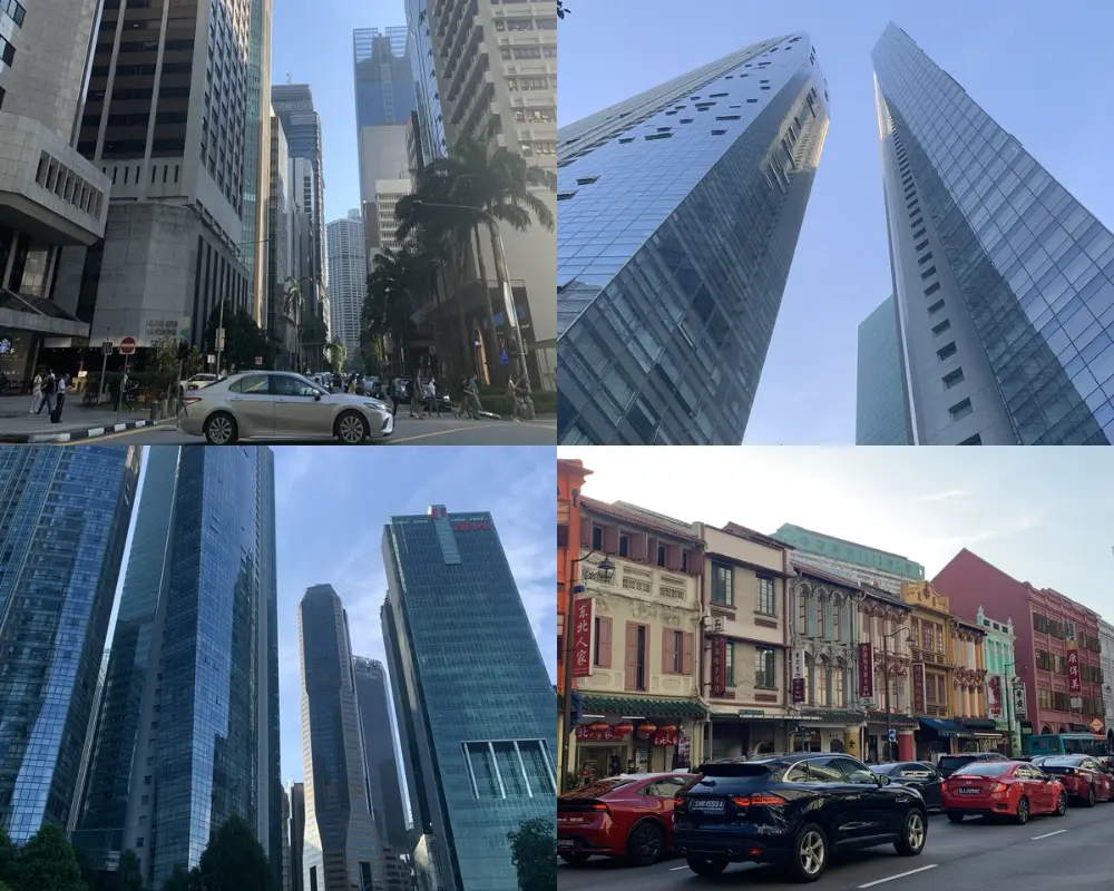 Collage du contraste de Singapour : les gratte-ciels du CBD et les façades colorées des shophouses de Chinatown